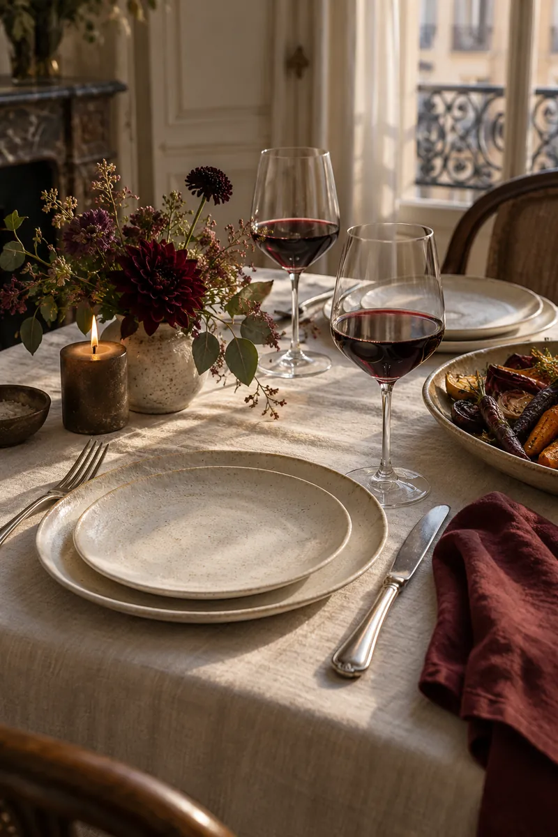 Table dressée avec du lin, de la céramique et une serviette bordeaux (image d’ambiance)