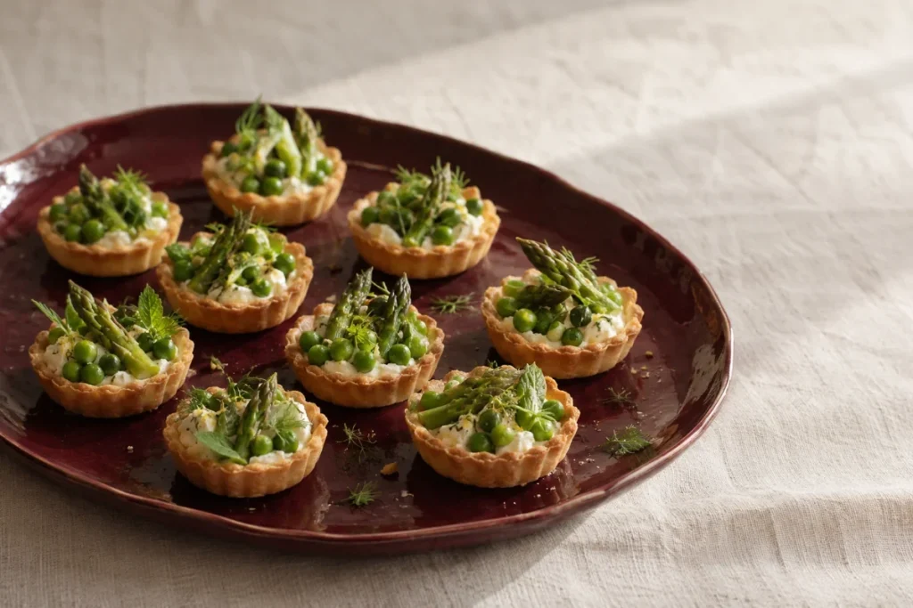 Plat de tartelettes salées aux légumes verts et aux herbes pour un apéritif