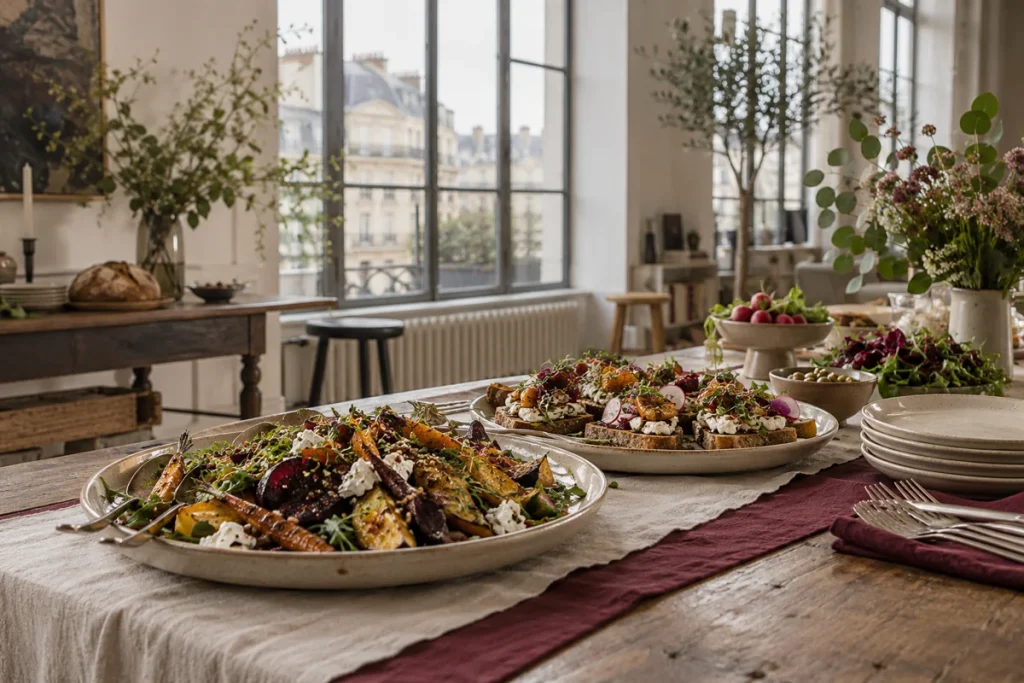 Buffet de déjeuner dressé dans un atelier aux grandes fenêtres, salades et assiettes empilées
