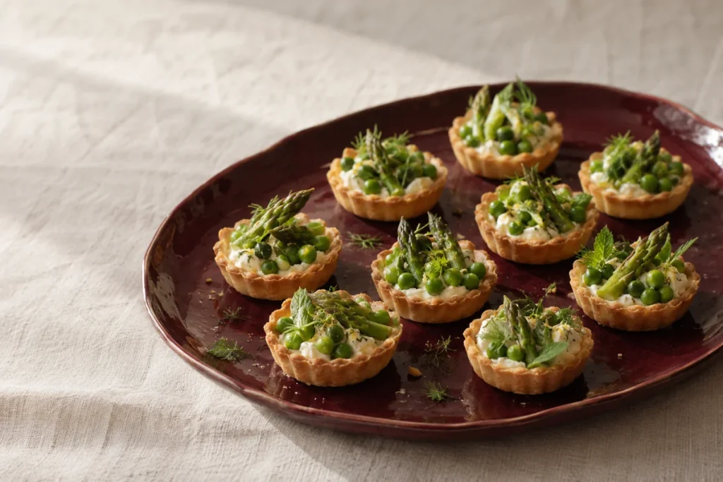 Tartelettes salées aux légumes verts et aux herbes sur un plat bordeaux