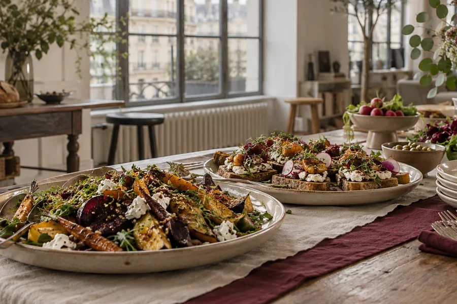 Buffet de déjeuner avec salades composées et légumes rôtis dans un espace lumineux