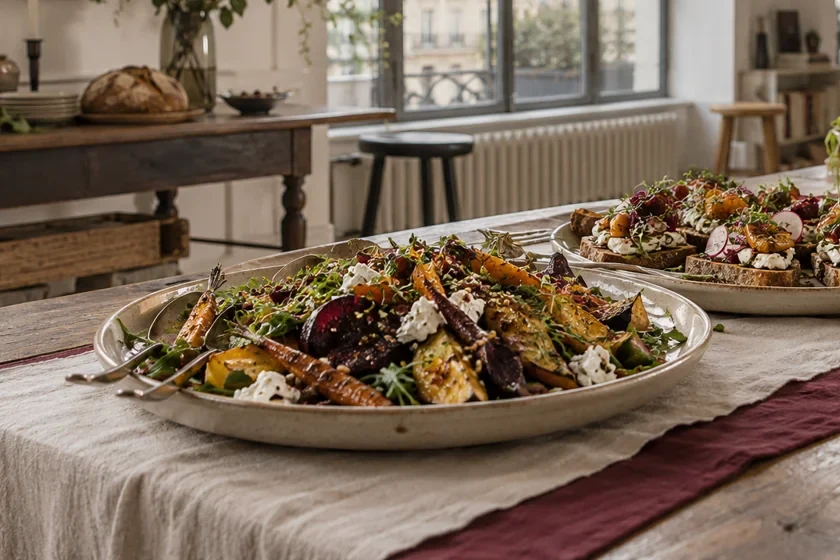 Plats de légumes rôtis et salades composées sur une table de buffet