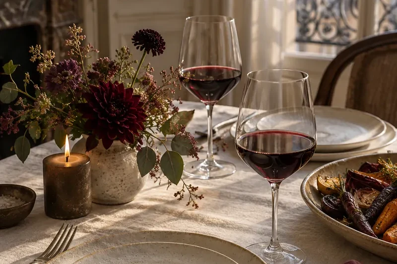 Bouquet de dahlias, bougie et verres de vin rouge sur une table dressée